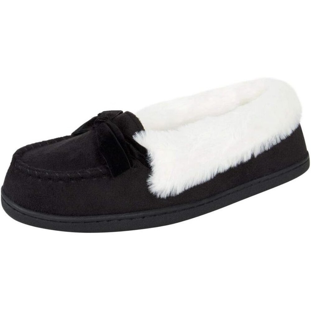 Women's Black Bow Faux Fur Collar Pull On Plush Lining Slipper Boot Shoes